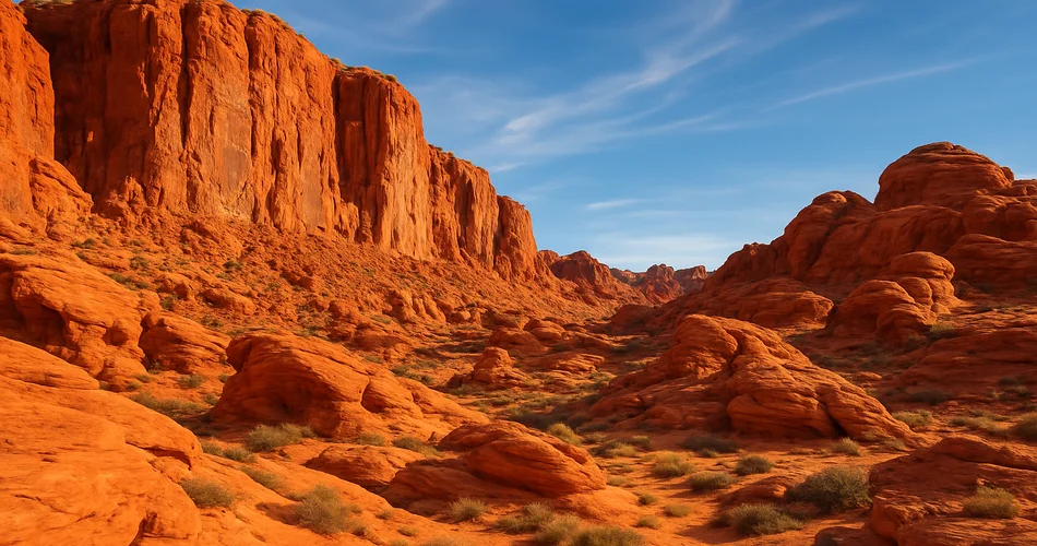 Red sandstone formations rise above the desert beneath a clear sky.