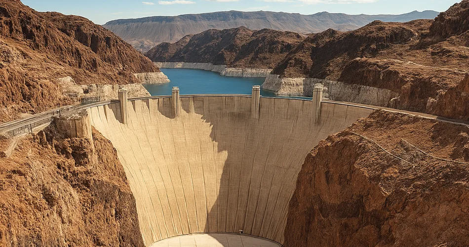 A concrete dam spans a river canyon surrounded by desert mountains.