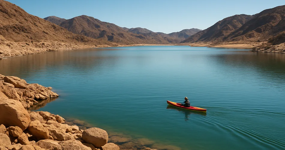 A kayak crosses a desert reservoir bordered by rocky mountains.