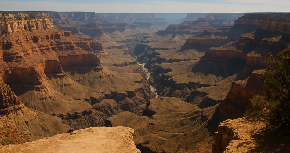 Layered canyon cliffs descend toward a distant river.